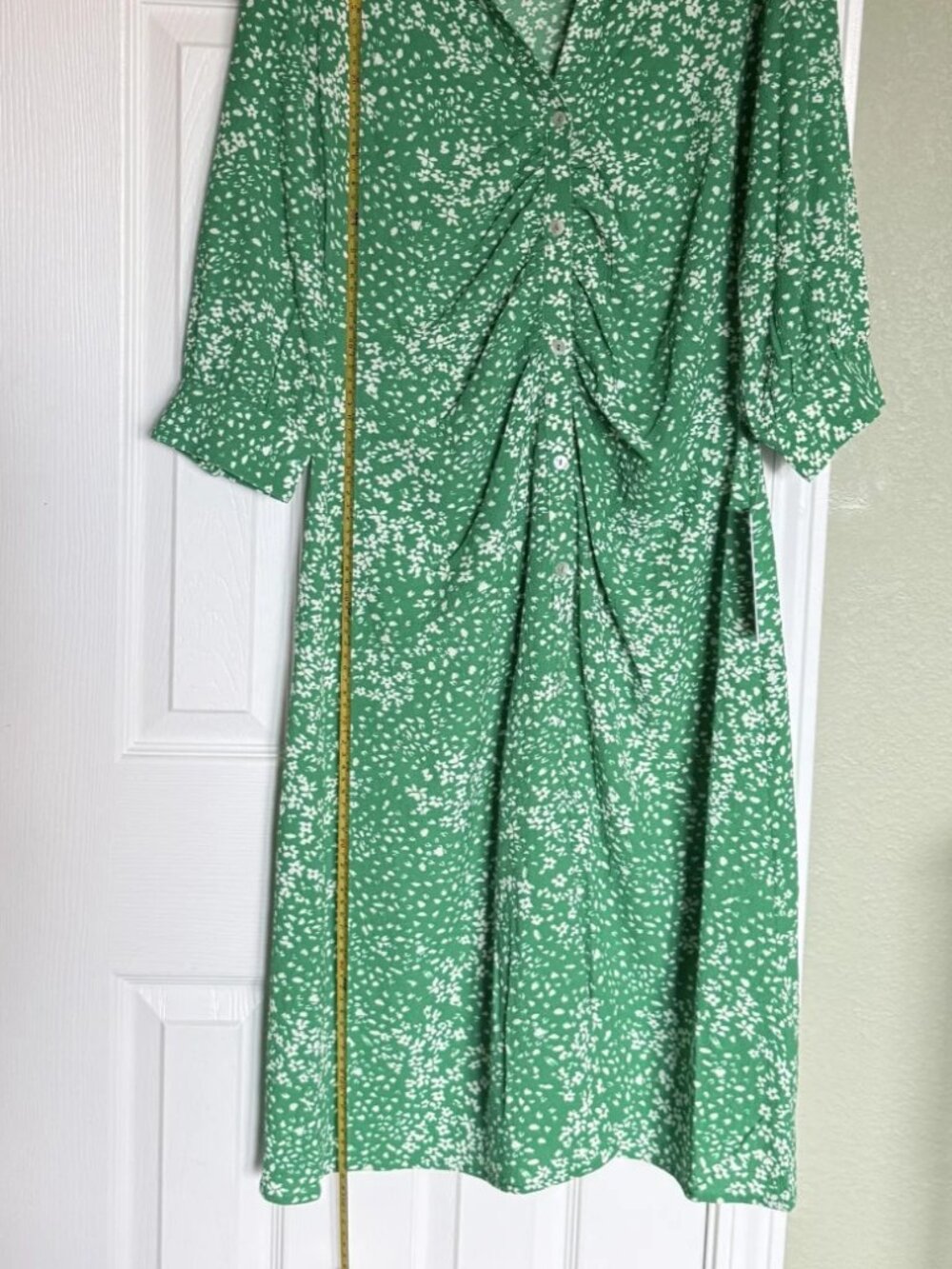 DKNY Women's Floral Print Ruched Front 3/4 Sleeve Green Midi Dress Size 8 NWT - Picture 12 of 15
